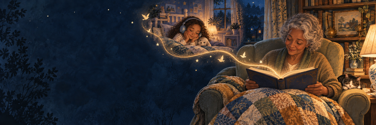 A grandmother reads at home while a child listens in a separate bedroom, connected by a golden trail of stories.